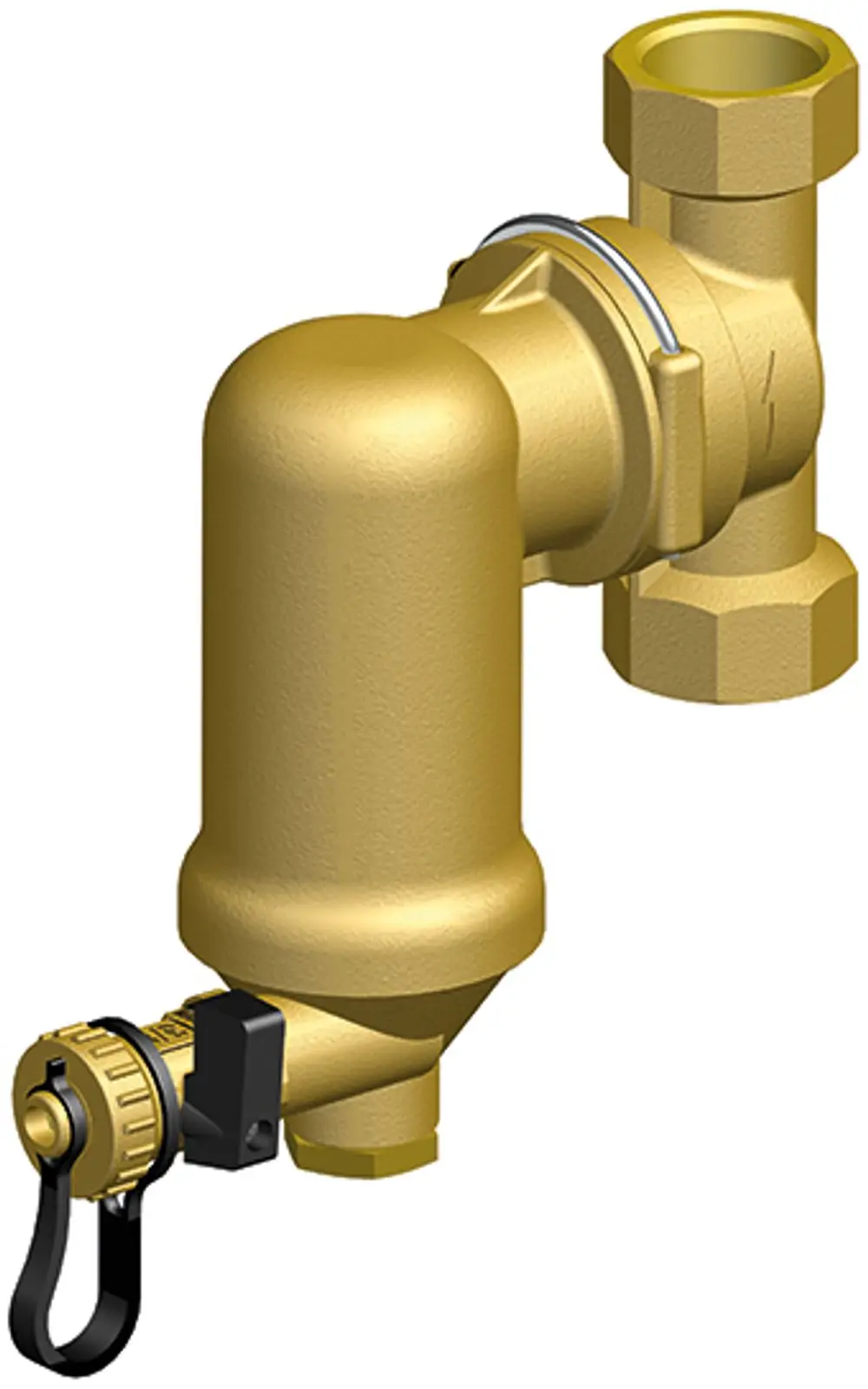 Goldfarbener Schlammabscheider mit drehbarem Anschluss und Isolierung, hergestellt von IMI Hydronic Engineering. Klarer Wasserablauf und einfache Montage sind gewährleistet.